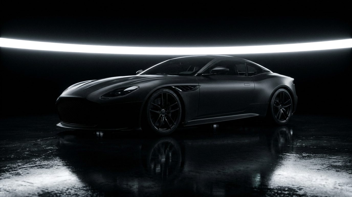Grand coupé sport générique en carbone noir mat dans un studio sombre — illustration éditoriale d'un coupé V12 d'exception