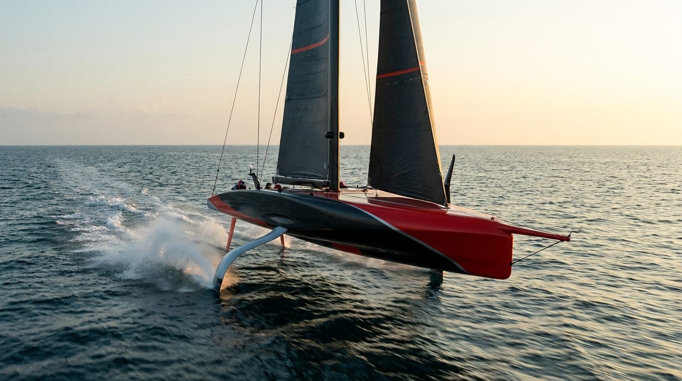 Voilier monocoque de course sur foils en plein vol au-dessus de la mer — illustration éditoriale d'un projet nautique haute performance