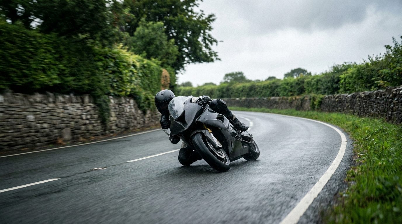 Moto de course générique penchée sur route de campagne britannique — illustration éditoriale du TT de l'Île de Man